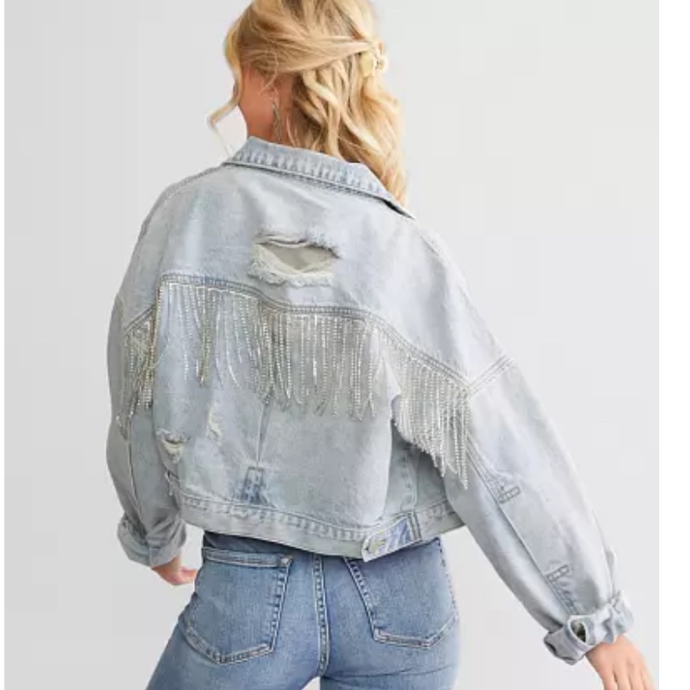 BLUE B. BUCKLE RHINESTONE FRINGE DENIM JACKET S/M LIGHT WASH CONCERT WESTERN - Picture 3 of 13
